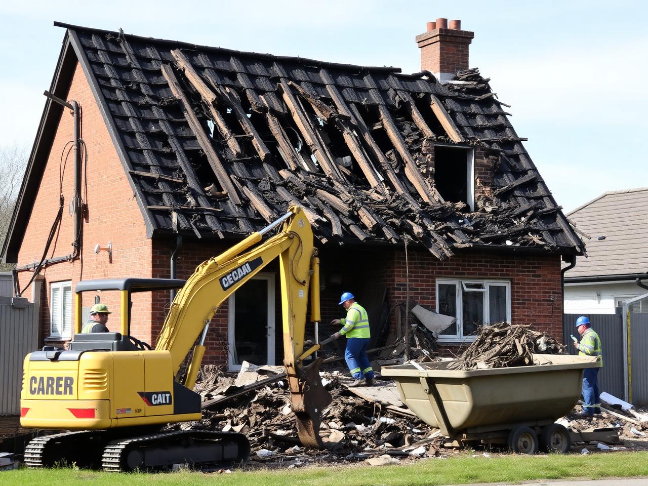Évacuation des décombres d'une maison écroulée après un incendie